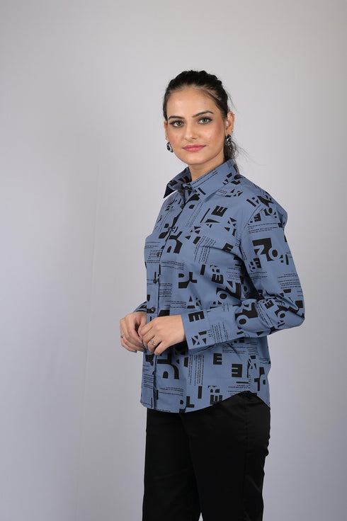 OWO THE LABEL Shirt for women stylish shirt printed party wear cotton shirt Trendy Alphabetical Print Long Sleeves Shirt (OTL-SHRT-1007)